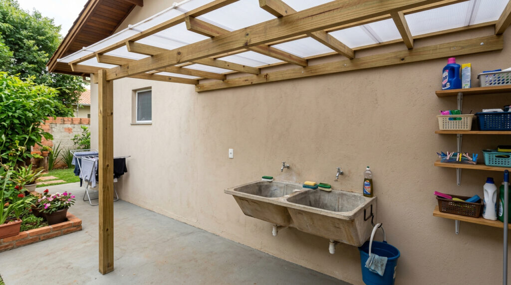 Cobertura para tanque externo protege a área de serviço da chuva com solução simples