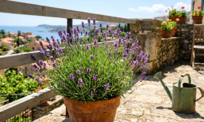 Lavanda em vaso precisa de sol direto, substrato drenado e rega moderada para florescer sem apodrecer as raízes.