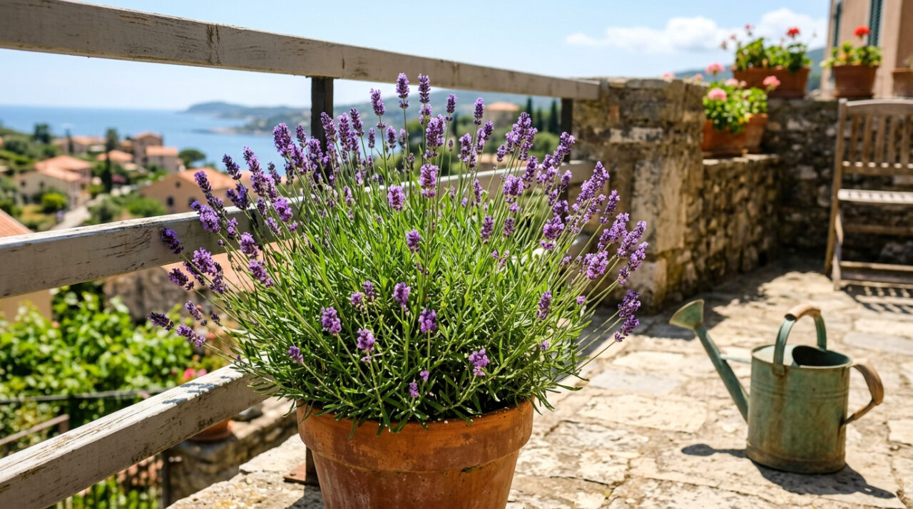 Lavanda em vaso precisa de sol direto, substrato drenado e rega moderada para florescer sem apodrecer as raízes.