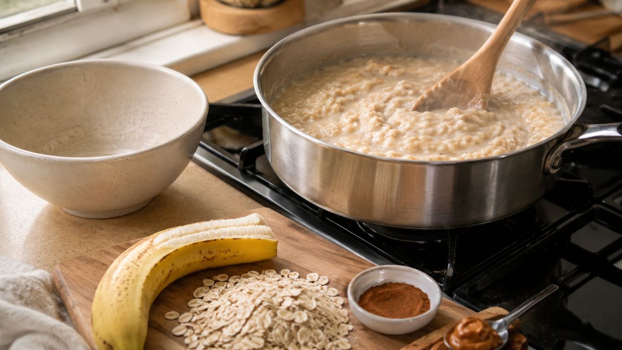 Troque o açúcar por banana e faça um mingau de aveia em apenas 5 minutos