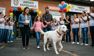 Cadelinha abandonada emociona funcionários ao ganhar festa de despedida