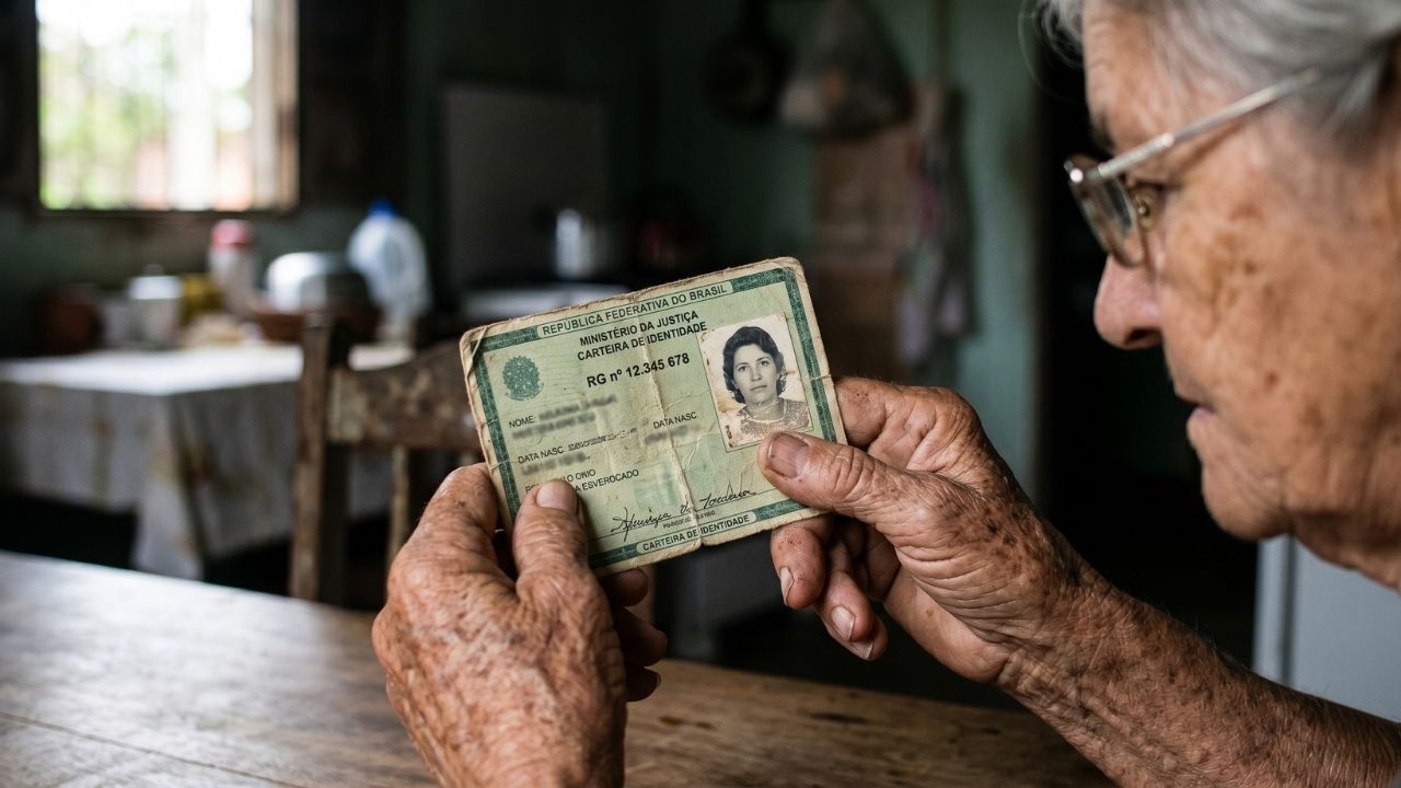 Close-up detalhado de mãos envelhecidas e calejadas segurando um documento de identidade (RG brasileiro) de modelo antigo, com o papel esverdeado apresentando marcas sutis de manuseio e tempo
