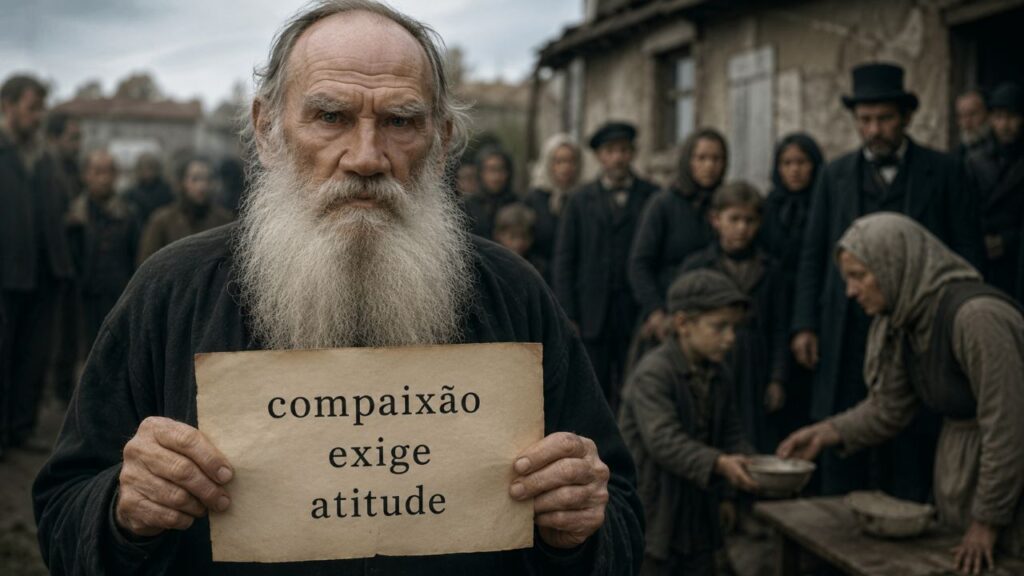 Citação do dia de Liev Tolstói: "Sento-me nas costas de um homem, sufocando-o e obrigando-o a me carregar, e ainda assim asseguro a mim mesmo e aos outros que sinto muita pena dele e desejo aliviar seu sofrimento por todos os meios possíveis, exceto descendo de suas costas."