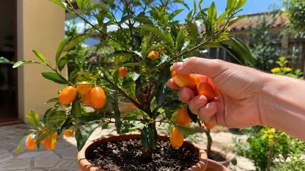 Com sol, vaso adequado e regas equilibradas, a kinkan pode produzir frutos durante boa parte do ano