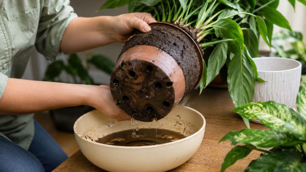 Verificar o fundo do vaso ajuda a evitar raízes apodrecidas
