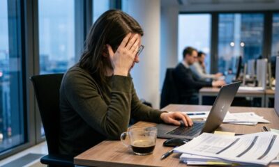 Mulher no escritório com mão na testa, usando laptop, xícara de café, documentos na mesa.