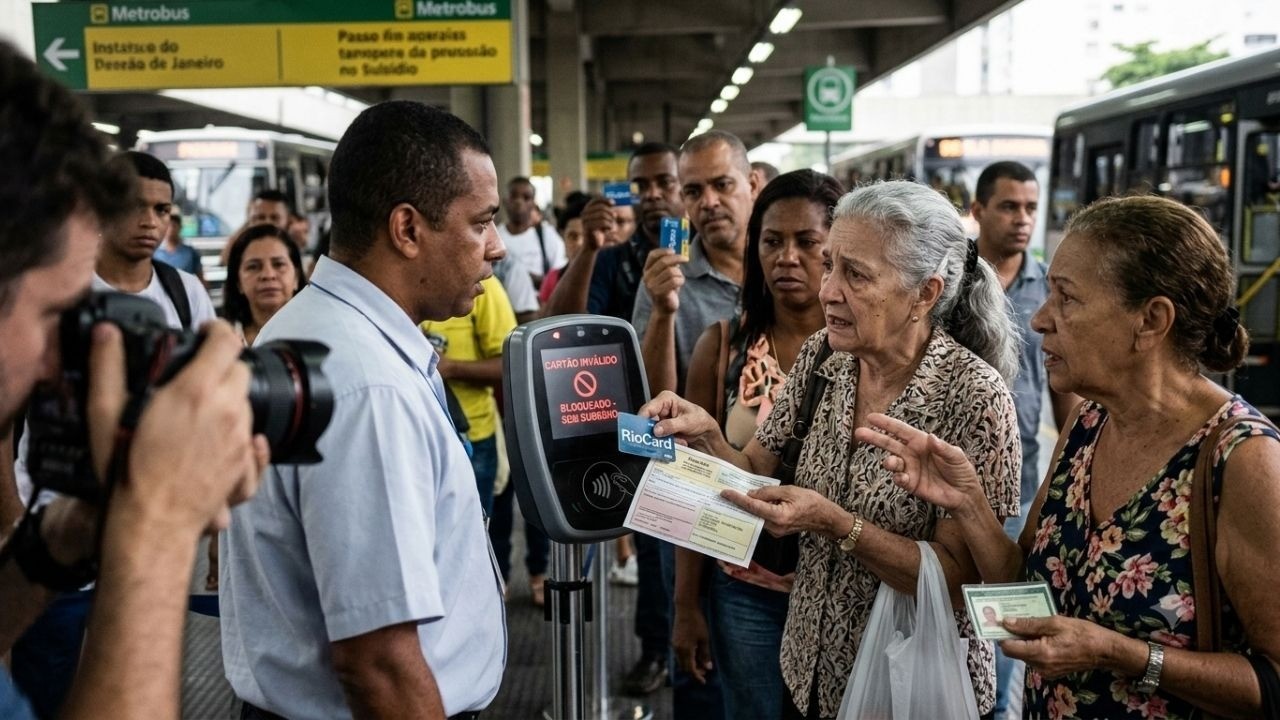 Mulher idosa tenta usar RioCard em validador de ônibus que exibe 'CARTÃO INVÁLIDO, BLOQUEADO'.
