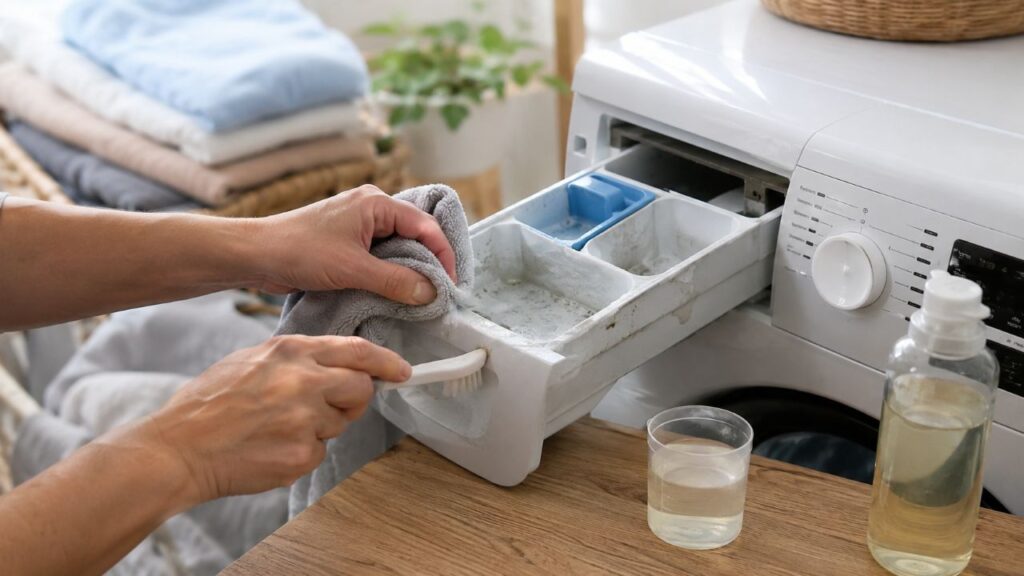 Limpar o dispenser evita que resíduos voltem para as roupas