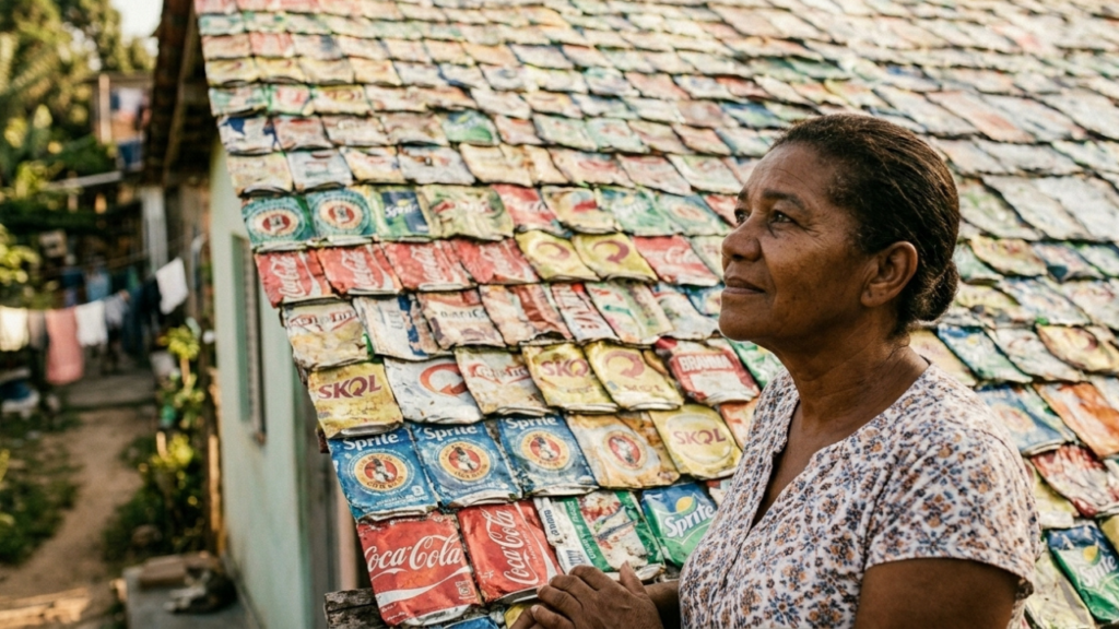 Aos 55 anos, mãe de 5 filhos cobre telhado de barraco com 300 latinhas recicladas reduzindo calor em 12°C, e é notificada por "poluição visual"