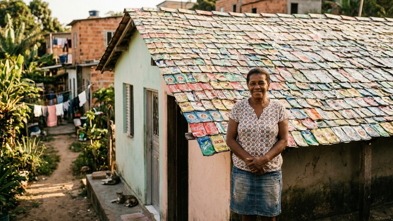 Aos 55 anos, mãe de 5 filhos cobre telhado de barraco com 300 latinhas recicladas reduzindo calor em 12°C, e é notificada por "poluição visual"