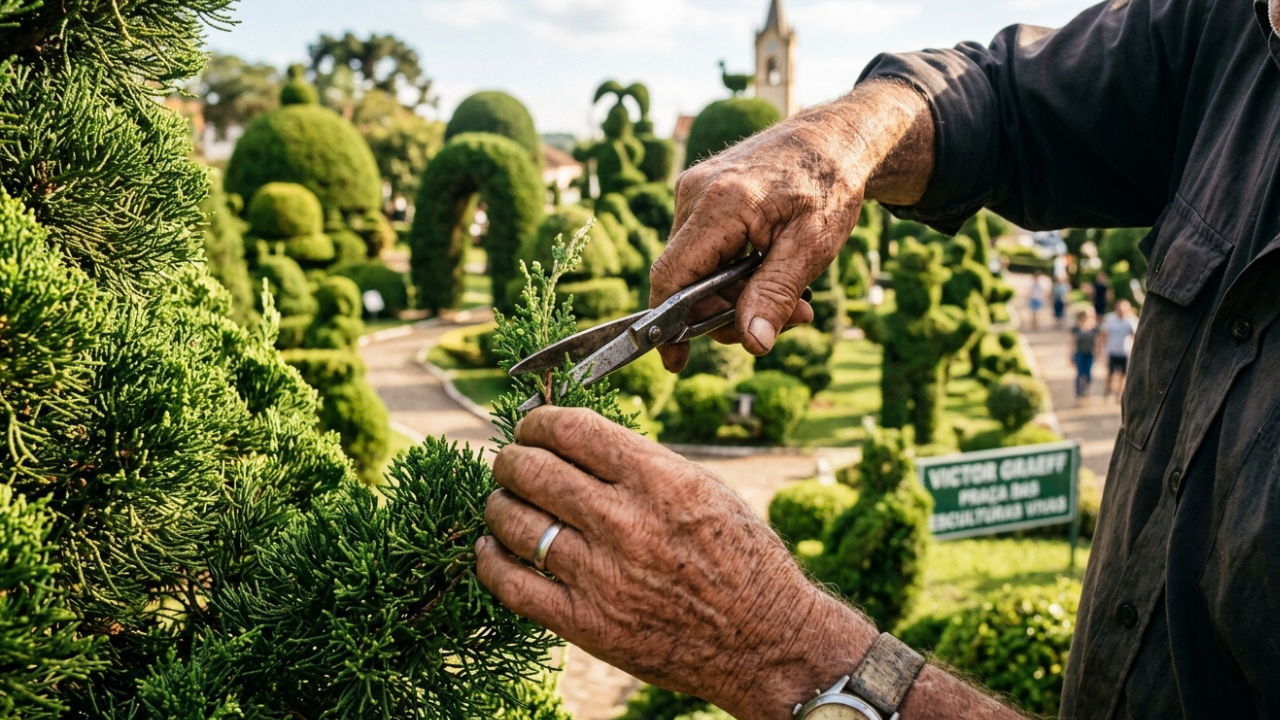 Um jardineiro de 89 anos esculpiu mais de 200 figuras em árvores em uma cidade de 3 mil moradores e criou a praça mais bonita do RS