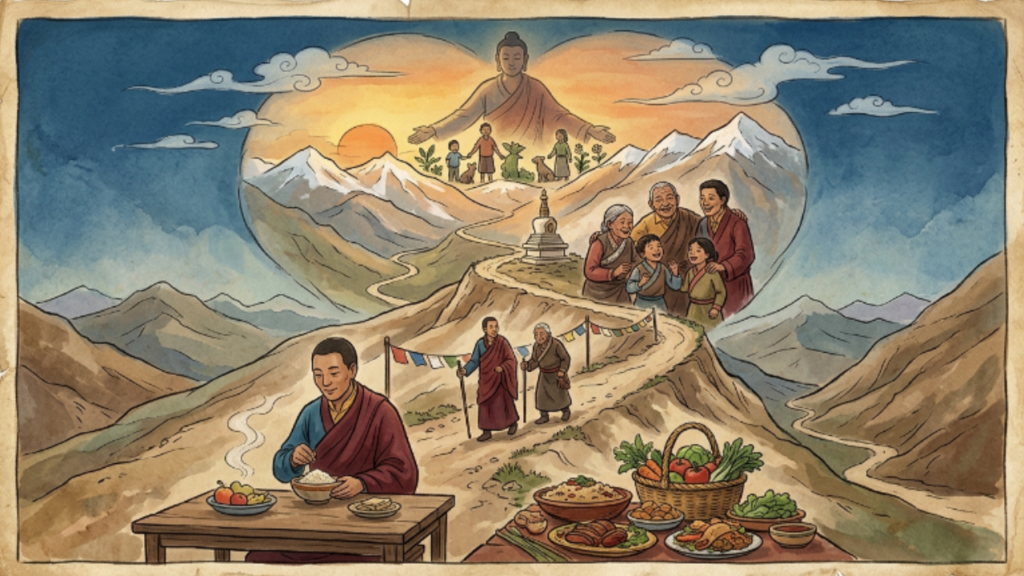 O provérbio tibetano: "O segredo de viver bem e por muito tempo é comer a metade, andar o dobro, rir o triplo e amar sem medida" sobre longevidade saudável