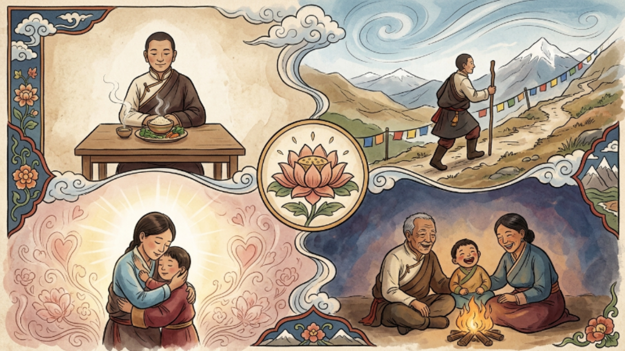 O provérbio tibetano: "O segredo de viver bem e por muito tempo é comer a metade, andar o dobro, rir o triplo e amar sem medida" sobre longevidade saudável