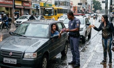 Motorista atravessa poça d’água, molha pedestre na calçada e acaba surpreendido com multa de R$ 130,16
