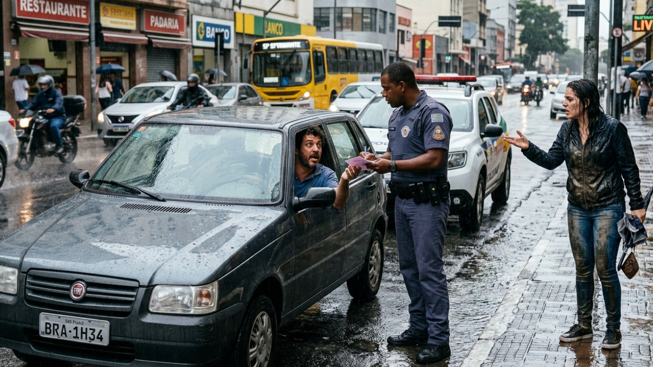 Motorista atravessa poça d’água, molha pedestre na calçada e acaba surpreendido com multa de R$ 130,16
