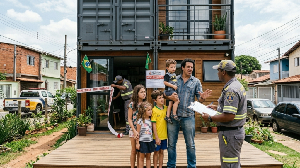 Pai de 3 filhos soldou 3 contêineres de 12 metros, criou uma casa de alto padrão com R$ 15 mil e economizou 70%, mas prefeitura barra ligação de água por falta de “habite-se” residencial