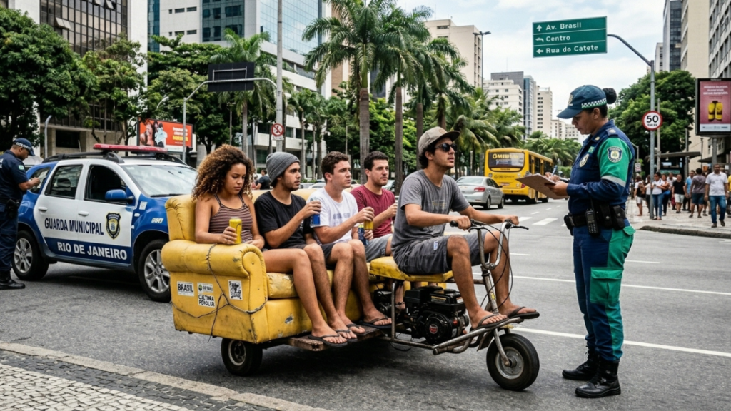 Blitz guincha "sofá motorizado": jovens estudantes são flagrados a 60 km/h em um sofá na avenida bebendo cerveja e acabam levando multas pesadas pela ação