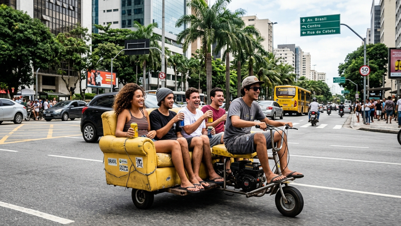 Blitz guincha "sofá motorizado": jovens estudantes são flagrados a 60 km/h em um sofá na avenida bebendo cerveja e acabam levando multas pesadas pela ação