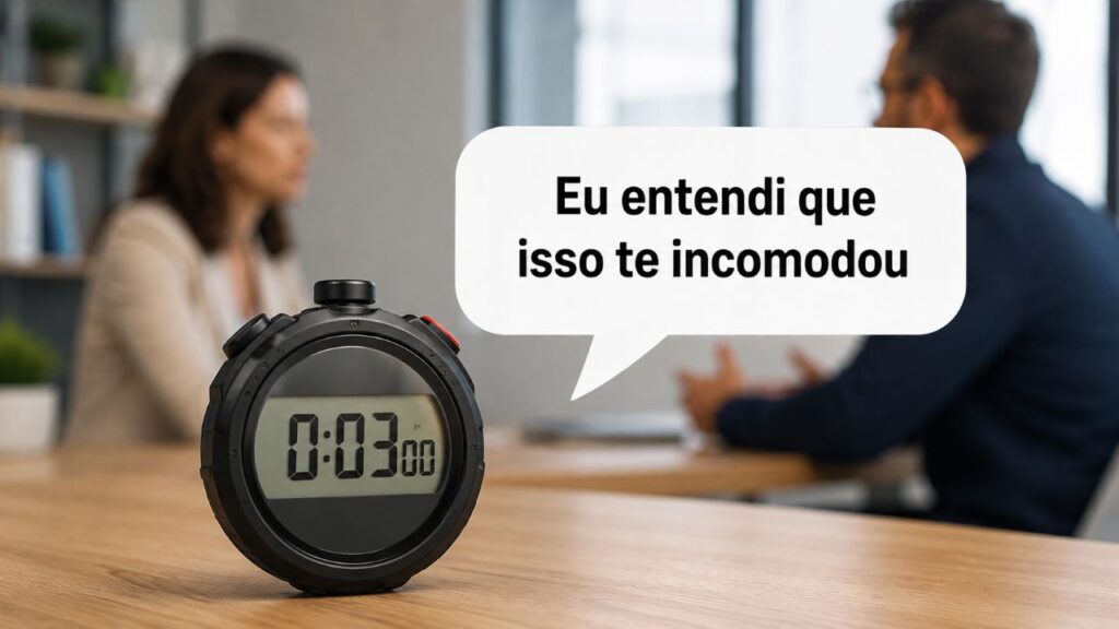A pausa de 3 segundos e uma frase simples ajudam a reduzir a tensão e evitar que o conflito aumente