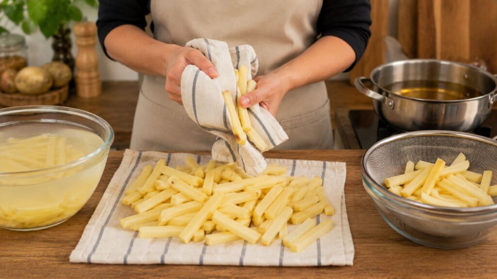 Secar bem os palitos antes da fritura ajuda a formar a casquinha crocante