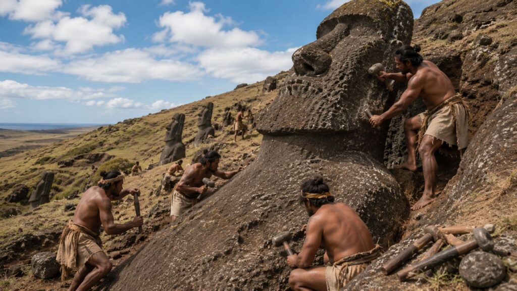 Os moai eram esculpidos em pedra vulcânica antes de seguir para os ahu