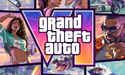 Arte oficial de Grand Theft Auto VI com logo, personagens e elementos de Vice City.