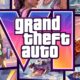 Arte oficial de Grand Theft Auto VI com logo, personagens e elementos de Vice City.