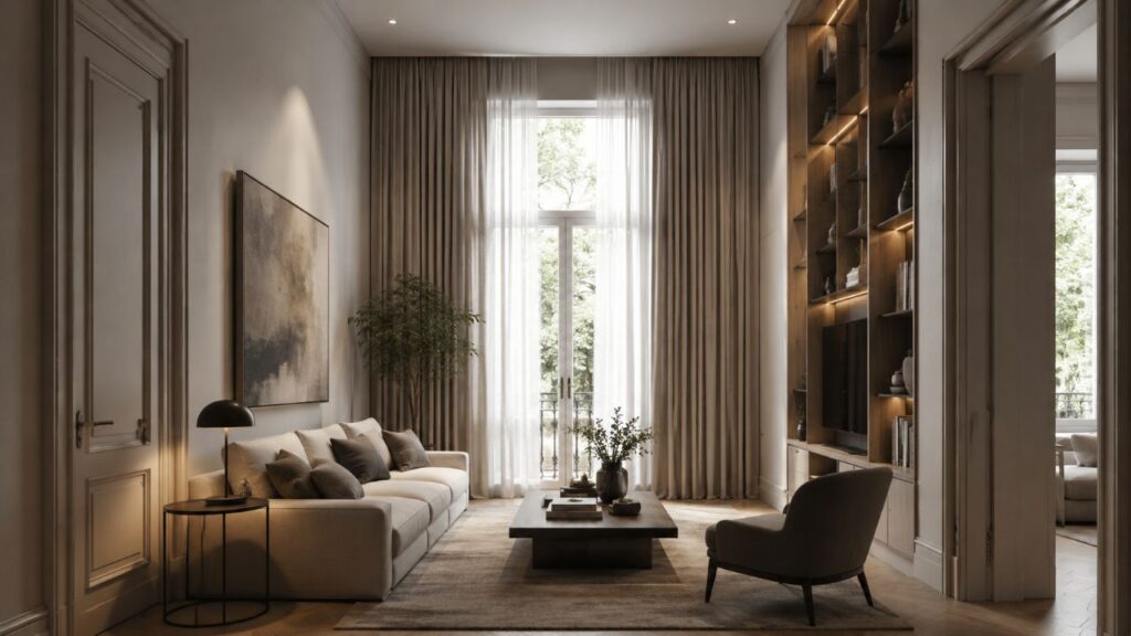 Portas altas, cortinas longas e iluminação correta ajudam o pé-direito a ampliar visualmente a casa