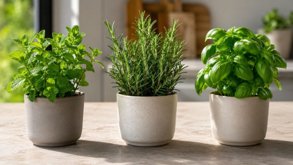 Cultivar cada erva em seu próprio vaso facilita a rega correta e evita competição entre raízes