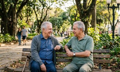 Dois homens idosos sorrindo em um banco de parque, conversando, com uma bengala.