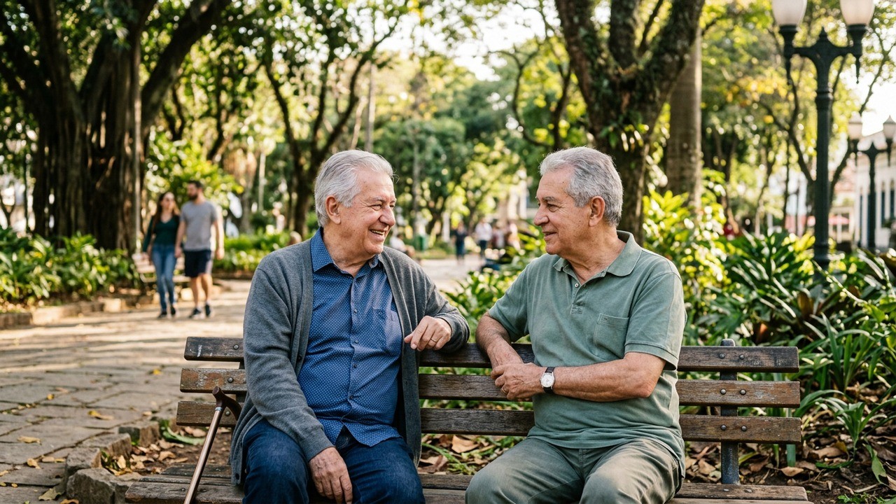 Dois homens idosos sorrindo em um banco de parque, conversando, com uma bengala.