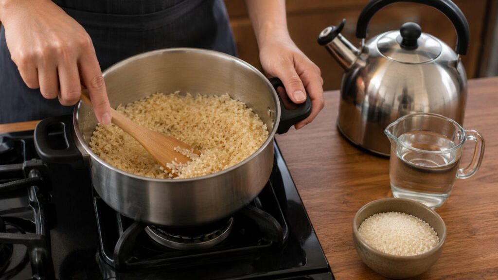 Refogar os grãos antes da água ajuda a controlar a textura do arroz