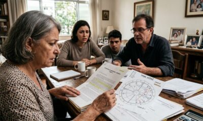 Família em mesa com documentos de inventário, mapa astral e calculadora, discutindo herança.