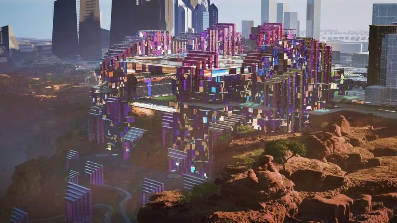 Estádio futurista e complexo urbano colorido em Neom, Arábia Saudita, integrado a deserto.