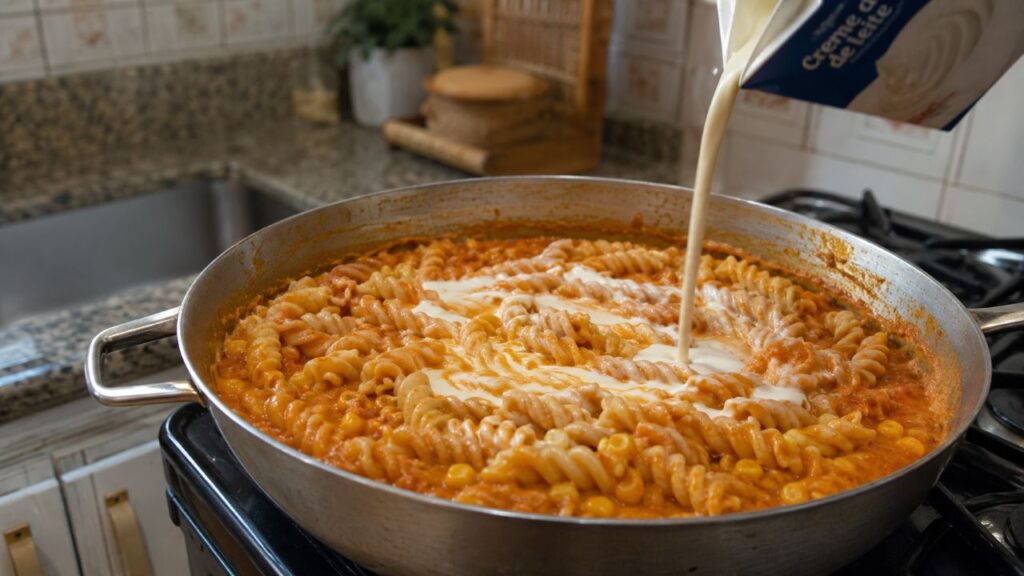 Macarrão, molho de tomate, milho e creme de leite formam uma refeição econômica pronta em cerca de 15 minutos