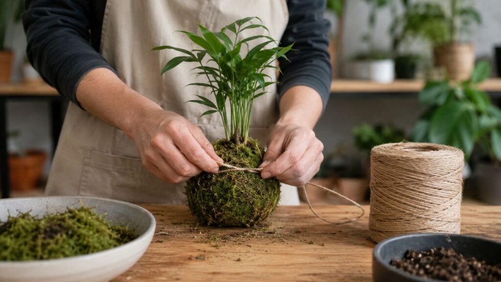 A técnica japonesa envolve as raízes em substrato e musgo, formando uma bola natural que substitui o vaso tradicional