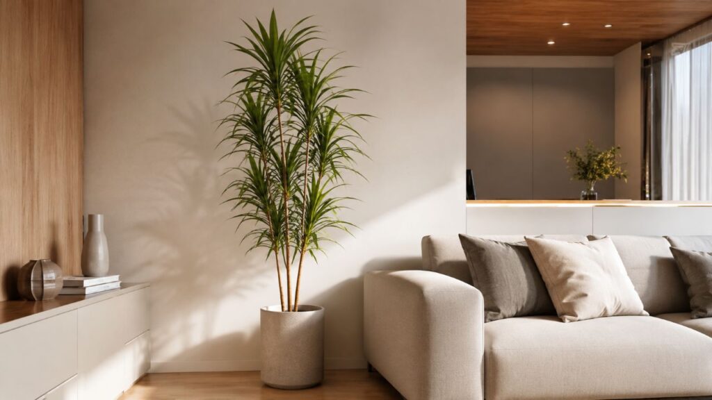 Uma planta alta bem posicionada pode fazer a sala parecer maior e mais sofisticada