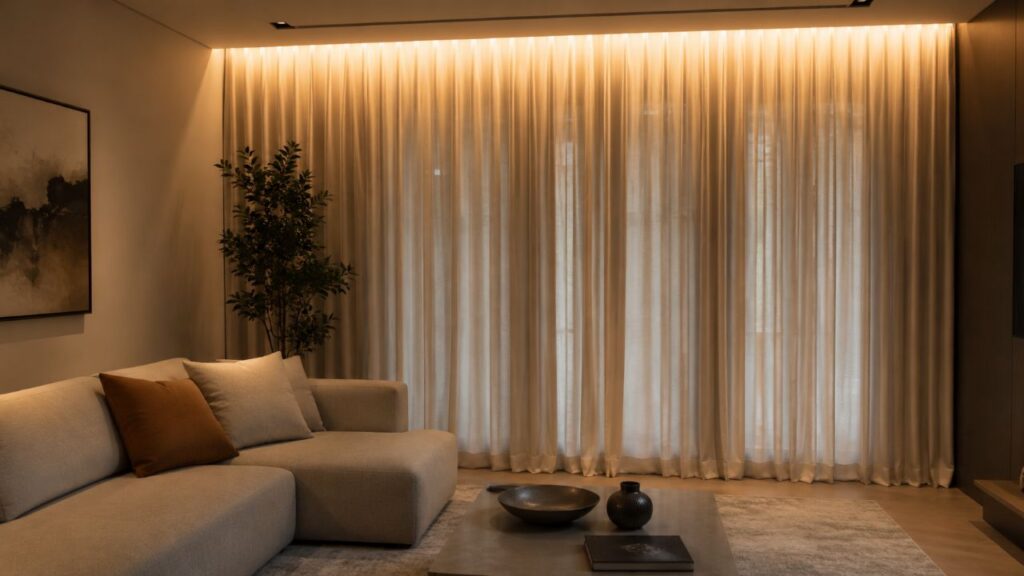 Luz indireta e cortina longa deixam a sala simples com aparência de alto padrão