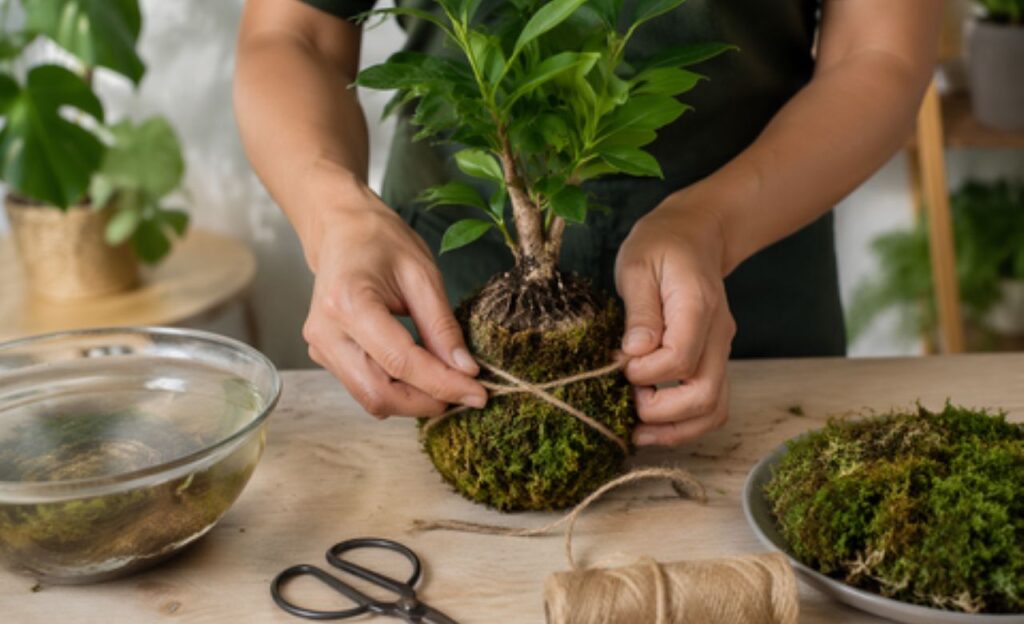 Substrato, musgo e fio formam a base da planta sem vaso
