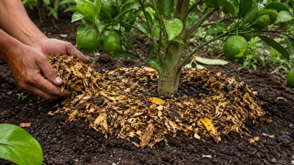A casca de banana pode ser usada como reforço orgânico para estimular o desenvolvimento do pé de limão