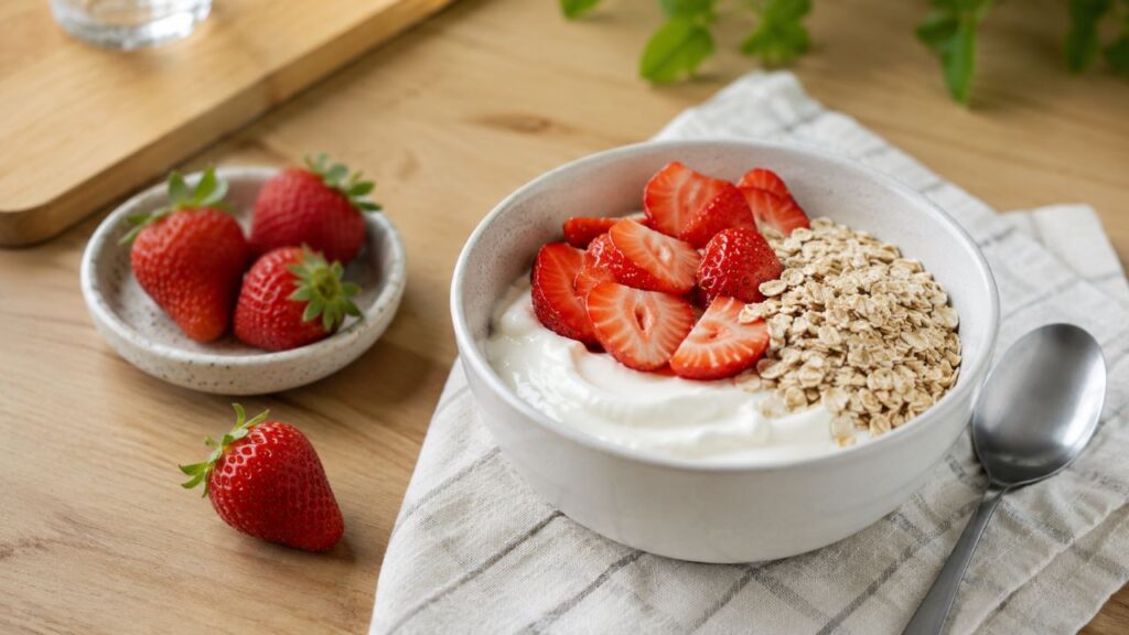 Morango com aveia e iogurte deixa o lanche mais leve e equilibrado
