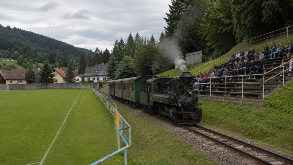 Os trilhos pertencem a uma ferrovia turística histórica que atravessa a área do estádio