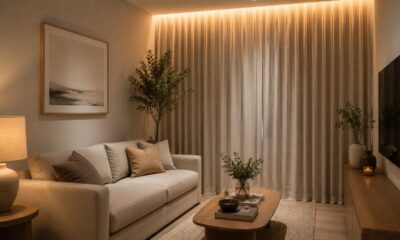 Luz indireta e cortina longa deixam a sala simples com aparência de alto padrão