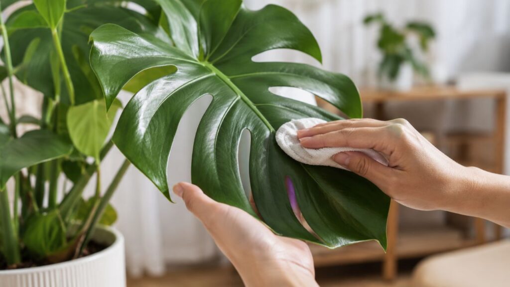 Limpar folha por folha com água e pano macio remove poeira sem prejudicar a planta