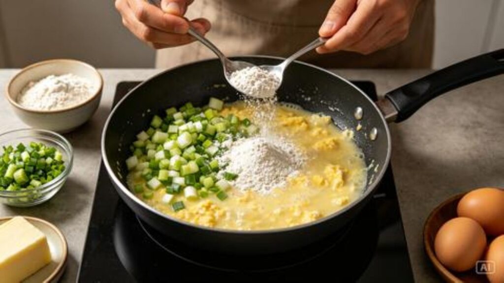 Farinha aos poucos e ovo cremoso deixam a farofa no ponto certo