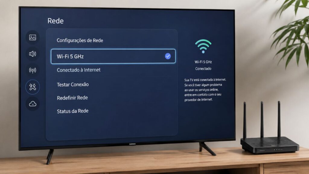 A rede 5 GHz costuma oferecer mais velocidade quando o roteador está perto da televisão