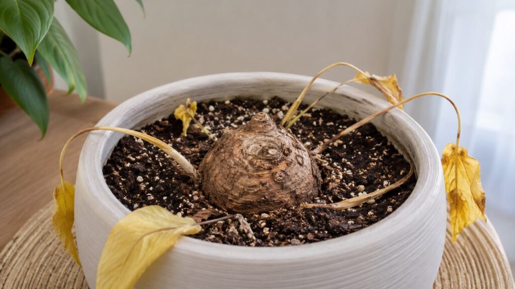 A perda temporária das folhas faz parte do ciclo natural do caládio e não significa que a planta morreu