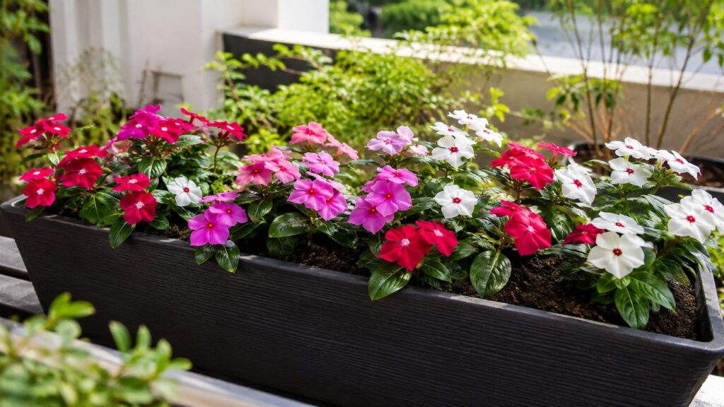 Com sol, ventilação e rega moderada, a vinca mantém flores bonitas por mais tempo
