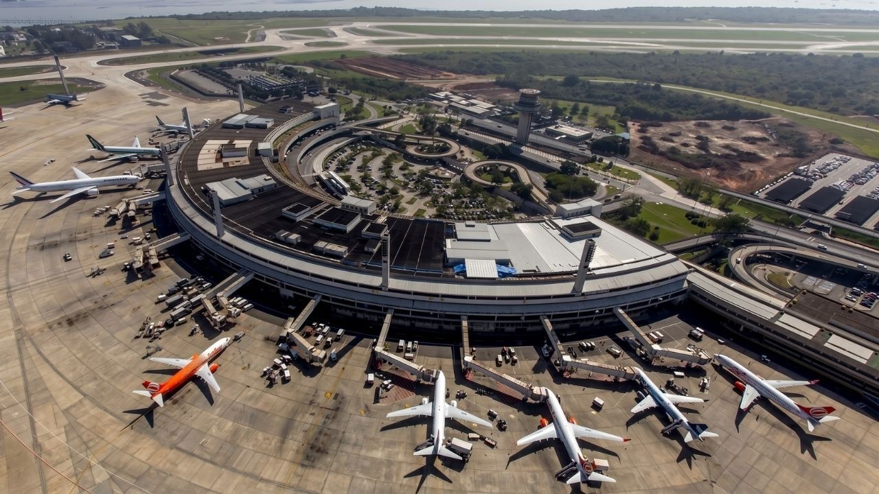 Vista aérea do terminal do Aeroporto Internacional do Galeão com múltiplos aviões e veículos de apoio em pátio.