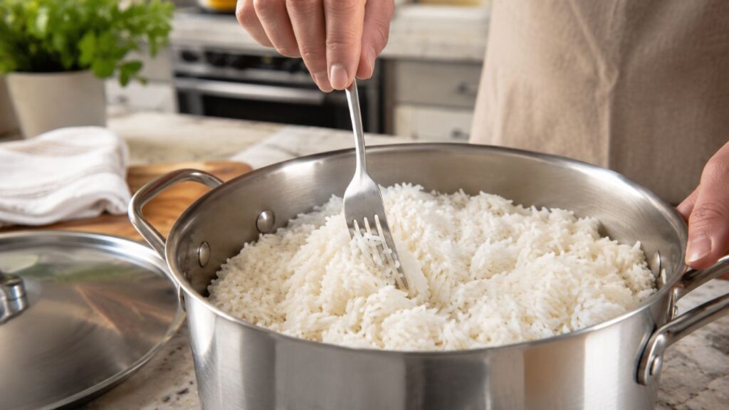 Deixar o arroz descansar antes de soltar com garfo ajuda a firmar e separar os grãos